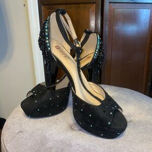 Black showgirl heels with rhinestones